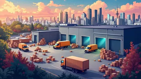 Australian retail logistics delivery trucks vans warehouse city skyline