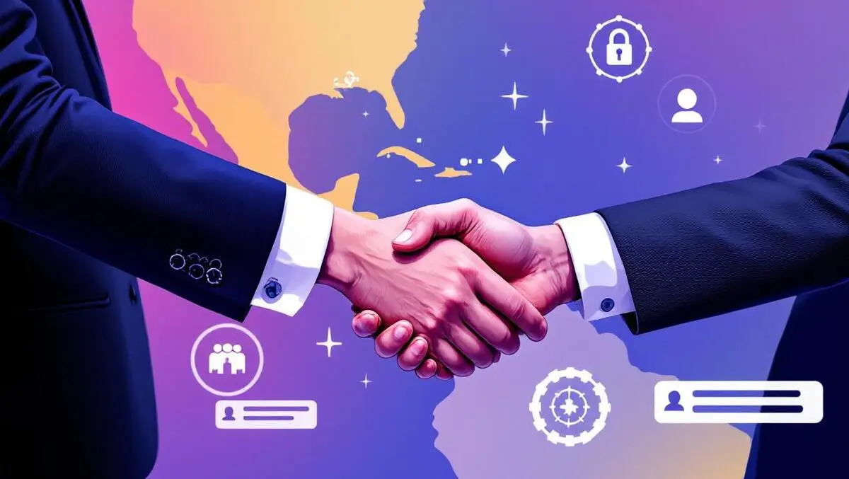 Businesspeople shaking hands over latin america caribbean security access control icons