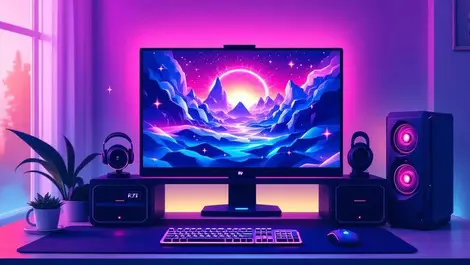 Modern gaming desktop setup glowing graphics card large monitor headset keyboard