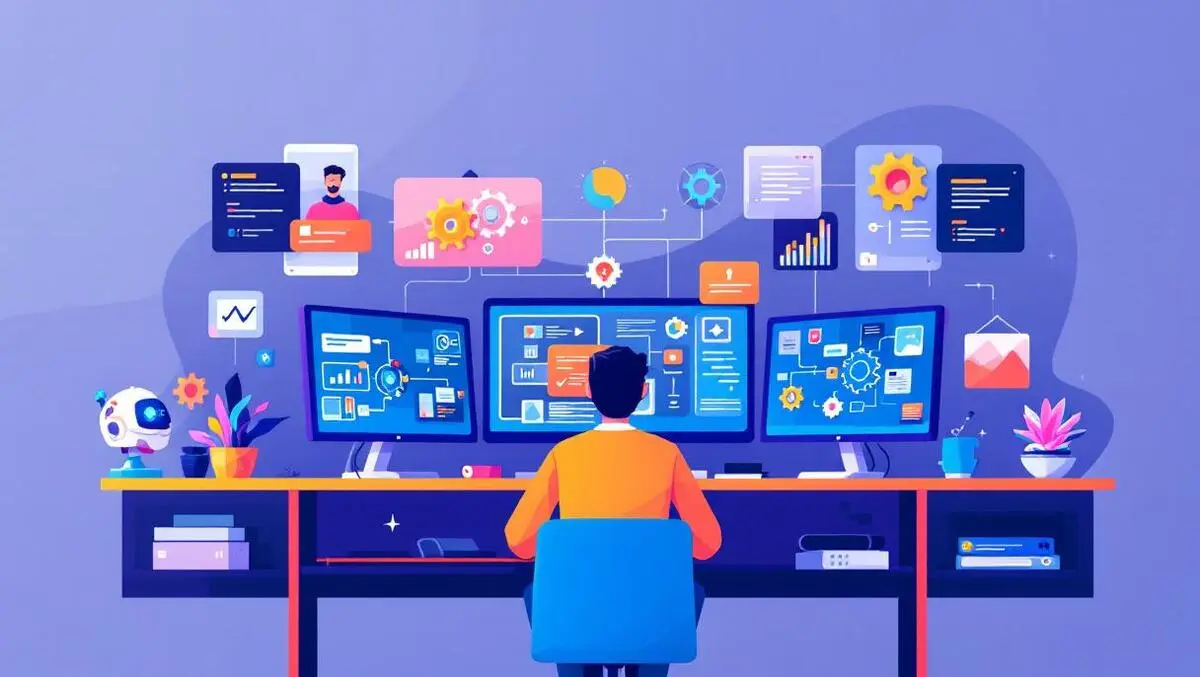 Modern computer desk multiple monitors software flowcharts gears automation ai agents