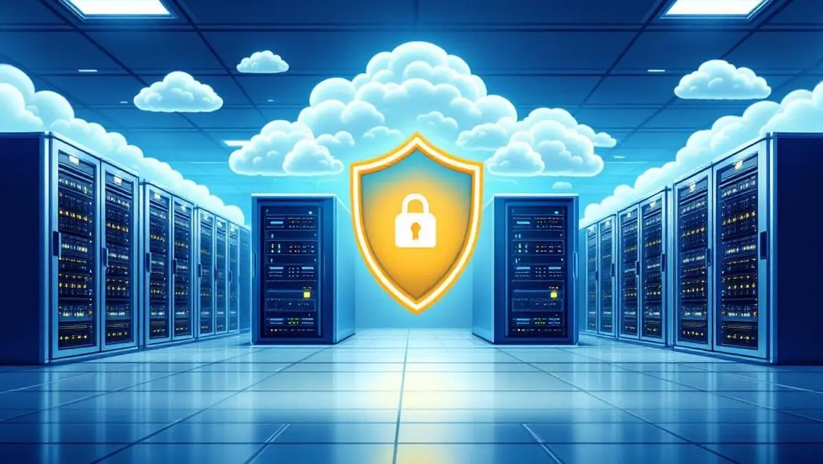 Secure data center room realistic illustration servers clouds shield icon