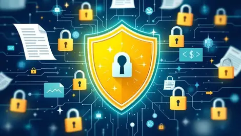 Shield symbol surrounded by digital locks documents strong security automation encrypted data