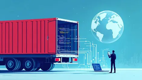 Cargo truck data theft laptop shadowy figure global digital lines flowing