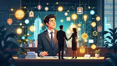 Asian city lawyer collaboration ai digital icons glowing symbols office