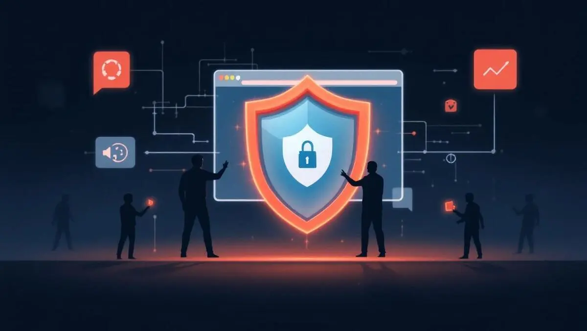 Shield encasing web browser window with digital threat elements for security
