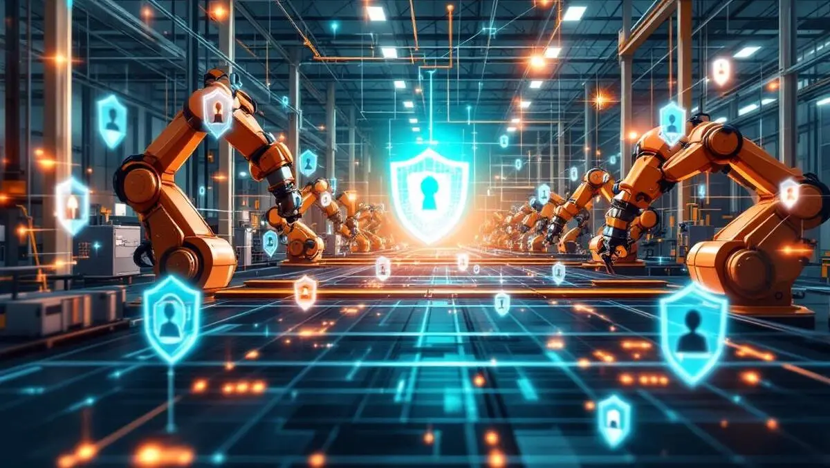 Modern factory floor automated robotic arms digital shield network connections