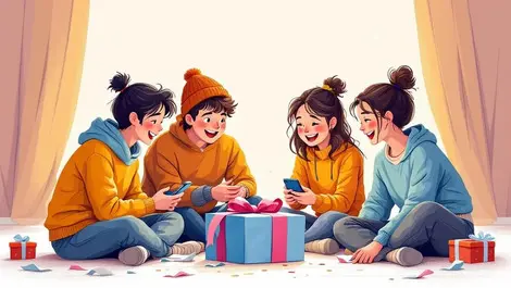 Group of young people in new zealand gathering around single gift with smartphone showing collaborative contribution