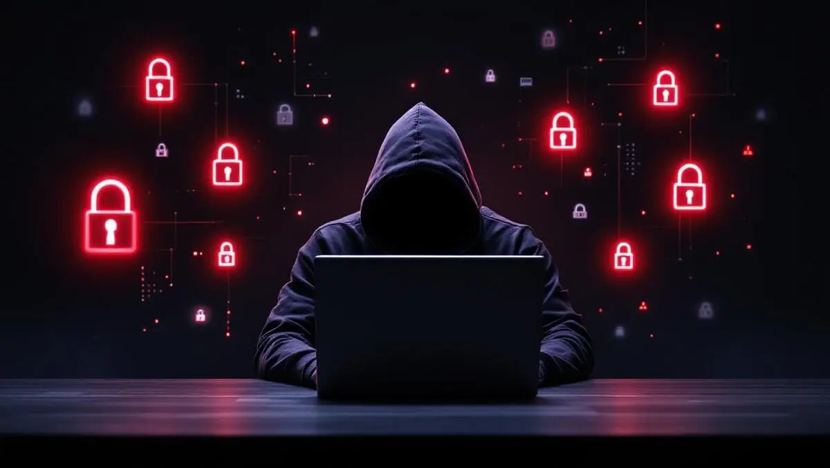 Photorealistic hooded figure at computer with floating digital locks warnings cybercrime