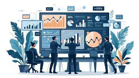 Confident business team analyzing data digital screens charts graphs strategy execution