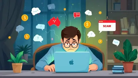 Worried person using laptop with scam popups online financial fraud australia nz