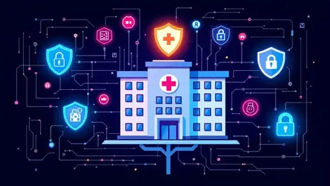 Hospital building cybersecurity shields digital locks circuitry background
