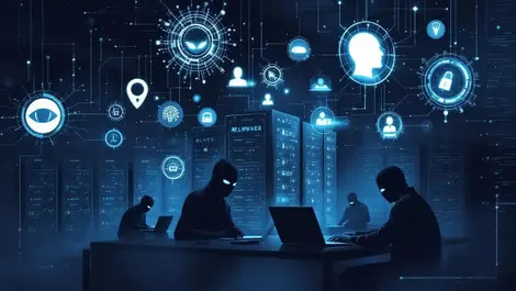 Darkened computer server room masked figures laptops malware ai cybercrime investigation