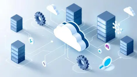 Detailed illustration servers cloud icons gears magnifying glasses automation observability data center