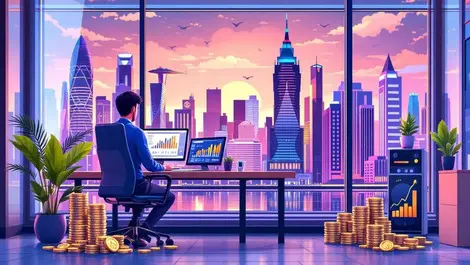 Modern office workspace singapore city skyline digital dashboard coins financial management