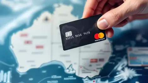 Realistic credit card mastercard logo held over australia map modern financial services