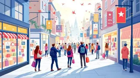 Busy london shopping street shoppers interacting retail tech displays engagement