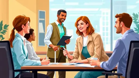 Illustration office visually impaired employee white cane accessible workplace meeting