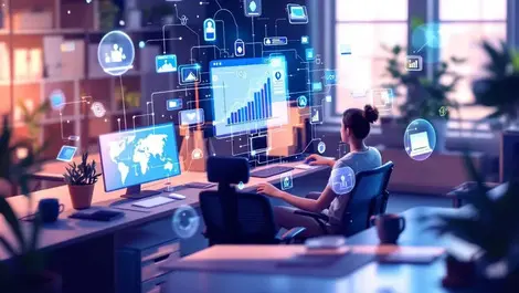 Illustration office workspace connected digital devices ai tools productivity