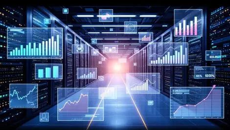 Server room storage racks with floating data optimization cost charts
