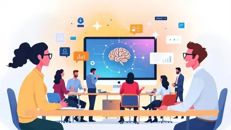 Business professionals collaborating around desk ai brain circuit icons