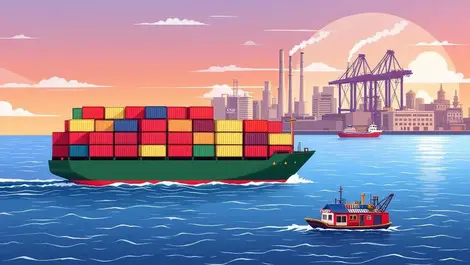 Cargo ship with containers traveling ocean linking american store to chinese factory