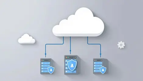 Secure cloud infrastructure data protection server racks shield icons