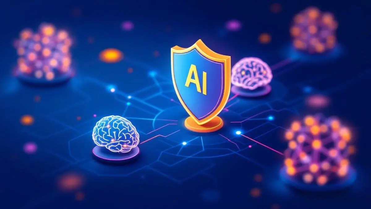 Digital illustration secure corporate network shield ai brain icons