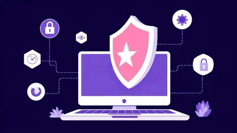 Computer screen with shield blocking digital threats icons of browsers security online protection