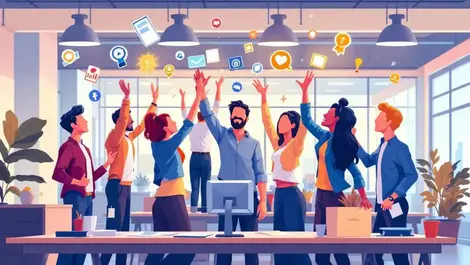 Office employees celebrating recognition digital symbols modern open plan