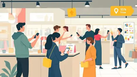 Shoppers using smartphones interacting with digital physical retail elements rewards promotions