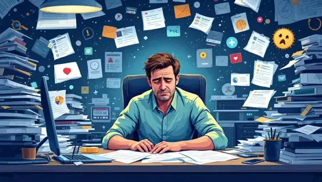 Tired middle aged uk office worker overwhelmed with papers devices notifications