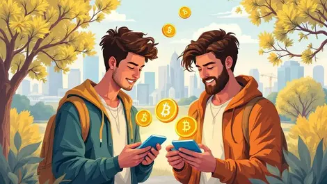 Young australians examining digital coins blockchain cityscape eucalyptus landmarks modern investment