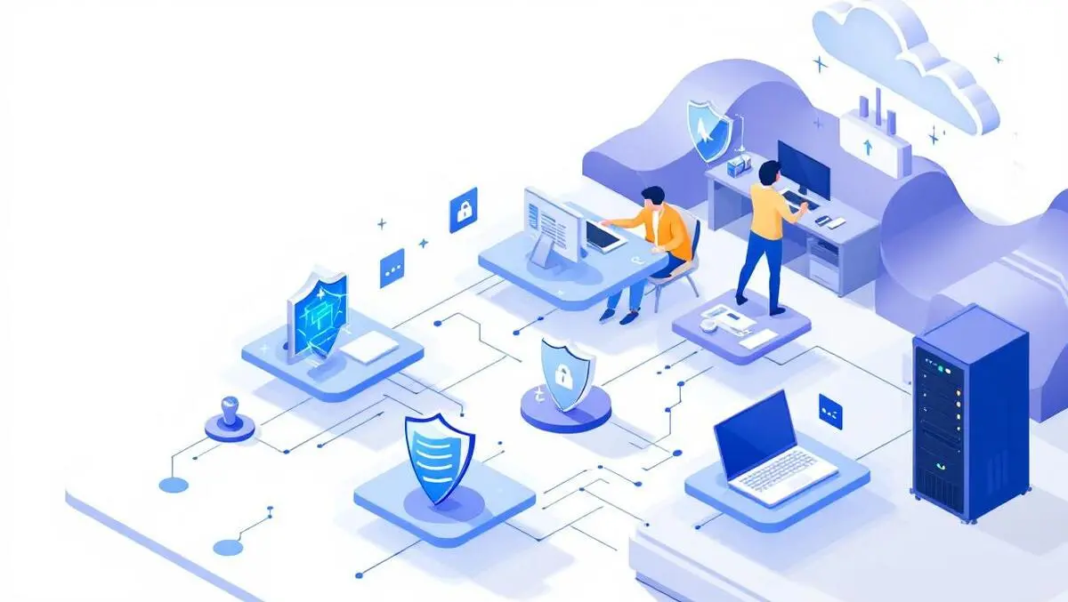 Business office computers servers digital shields professionals monitoring cloud security