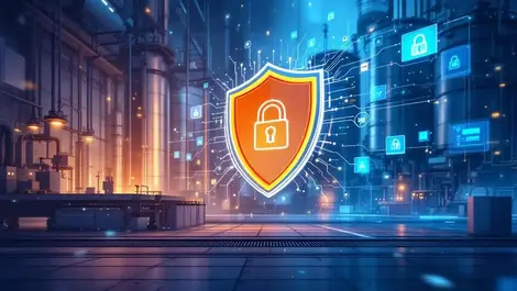 Realistic industrial facility with digital security shields locks modern protection