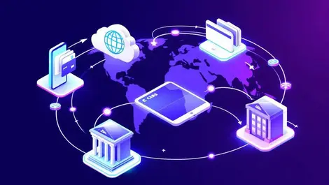 Global digital payments smartphone wallet bank card world map illustration