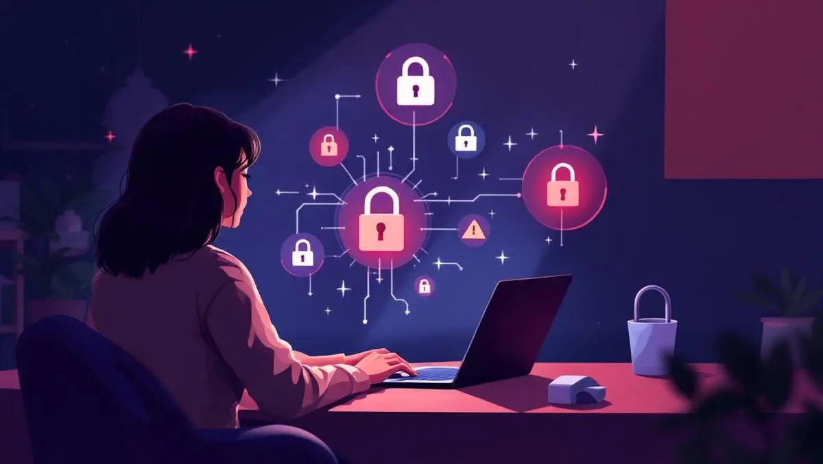 Realistic illustration person using laptop dim room cyber threats online shopping holiday season