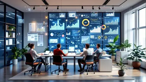 Realistic digital clone modern office businesspeople interacting ai analytics