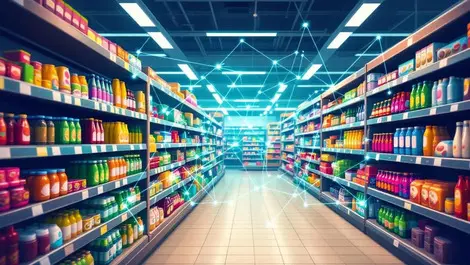 Grocery store aisle shelves stocked products digital network overlay ai retail media