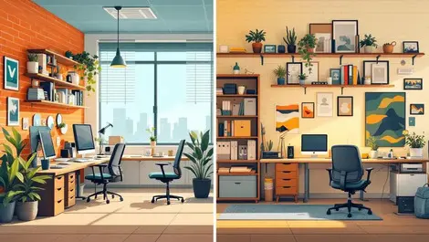 Australian office setting split modern office vs cozy home workspace contrast
