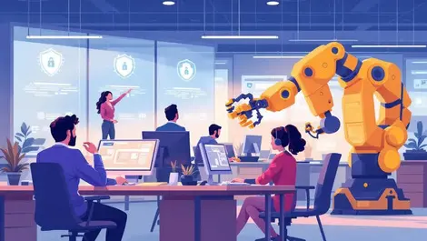 Realistic illustration busy office cybersecurity professionals collaborating