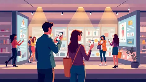 Shoppers using smartphones interacting with digital screens retail store modern shopping