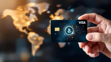 Realistic hand holding visa card digital coin global currency payments