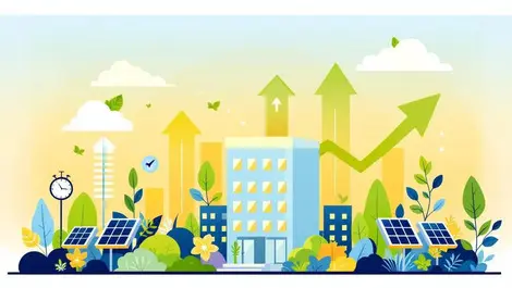 Green esg corporate office with solar panels and rising leaf charts