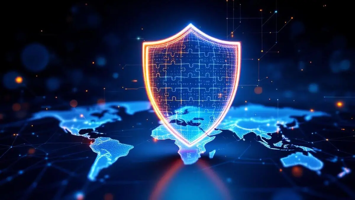 Global cybersecurity puzzle shield over world map regions