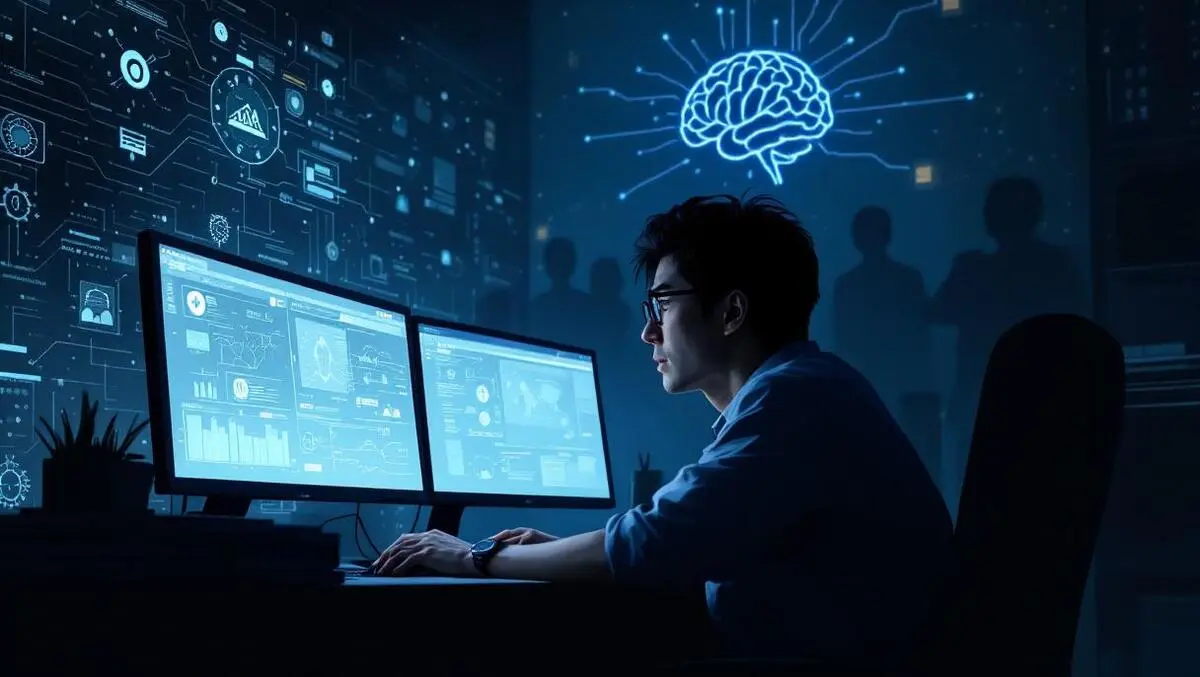 Stressed japanese it leader night office cyber threats ai circuits