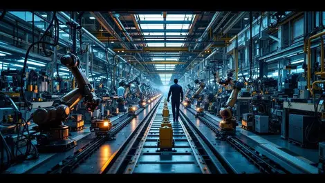 European car factory ai robots vs legacy machinery cinematic wide angle