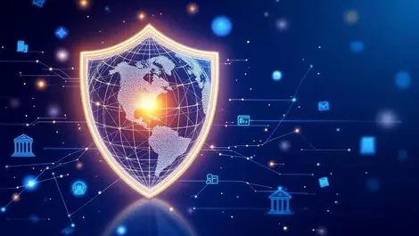 Glowing data shield protecting global kyc aml finance icons