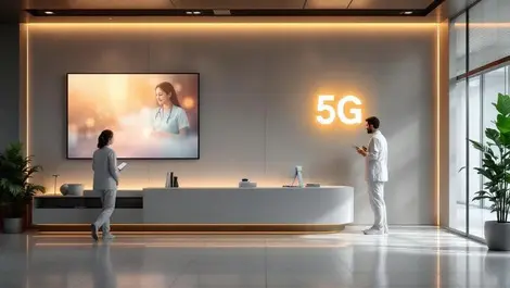 Petaling jaya clinic lobby telehealth 5g symbol warm lighting