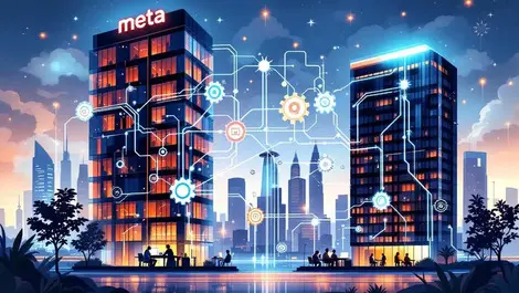 Meta hq merging with singapore tech tower glowing data streams
