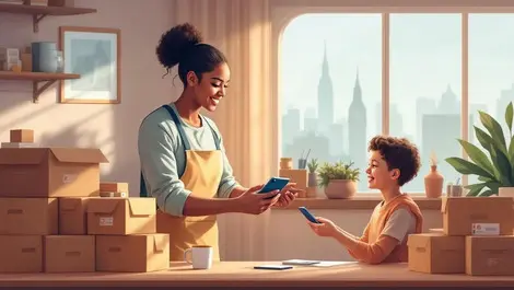 Uk charity worker giving refurbished phone to family community center